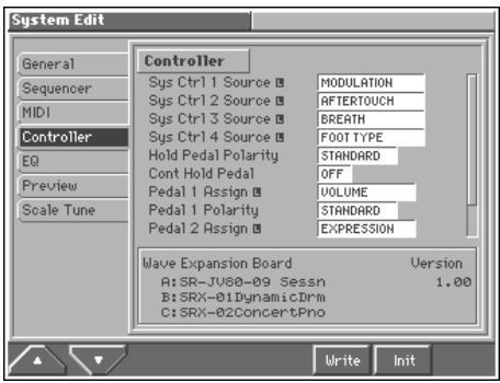 System Edit General Sequencer MIDI Controller EQ Preview Scale Tune Controller Sys Ctrl 1 Source ■ MODULATION Sys Ctrl 2 Source ■ AFTER10UCH Sys Ctrl 3 Source ■ BREATH Sys Ctrl 4 Source ■ FOOT TYPE Hold Pedal Polarity STANDARD Cont Hold Pedal OFF Pedal 1 Assign ■ VOLUME Pedal 1 Polarity STANDARD Pedal 2 Assign ■ EXPRESSION Wave Expansion Board Version A:SR-JU80-09 Sessn 1.00 B:SRX-01DynamicDrm C:SRX-02ConcertPno Write Init