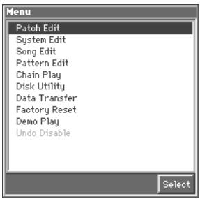 Menu Patch Edit System Edit Song Edit Pattern Edit Chain Play Disk Utility Data Transfer Factory Reset Demo Play Undo Disable Select