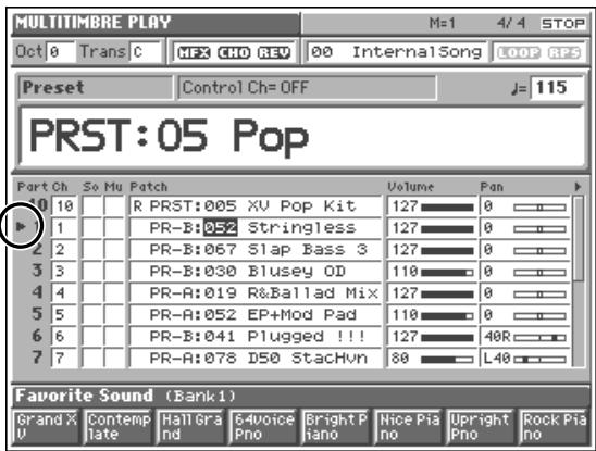 MULTITIMBRE PLAY M=1 4/4 STOP Oct 0 Trans C MF2 CHO REV 00 InternalSong LOOP RPS Preset Control Ch= OFF J= 115 PRST:05 Pop Part Ch So Mu Patch Volume Fan 0 10 R PRST:005 XV Pop Kit 127 0 1 PR-B:052 Stringless 127 0 2 PR-B:067 Slap Bass 3 127 0 3 PR-B:030 Blusey OD 118 0 4 PR-A:019 R&Ballad Mix 127 0 5 PR-A:052 EP+Mod Pad 118 0 6 PR-B:041 Plugged !!! 127 48R 7 PR-A:078 D50 StachVn 80 L40 Favorite Sound (Bank1) Grand X Contemp Hall Gra G4voice Bright P Nice Pia Upright Rock Pia U V Iate Nnd Pno Pino Pno No
