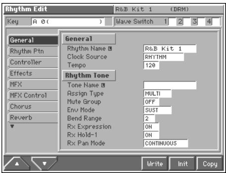 Rhythm Edit R&B Kit 1 (DRM) Key A O( ) Wave Switch 1 2 3 4 General Rhythm Ptn Controller Effects MFX MFX Control Chorus Reverb General Rhythm Name ■ Clock Source Tempo Rhythm Tone Tone Name ■ Assign Type Mute Group Env Mode Bend Range Rx Expression Rx Hold-1 Rx Pan Mode R&B Kit 1 RHYTHM 120 MULTI OFF SUST 2 ON ON CONTINUOUS Write Init Copy