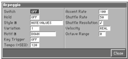 Arpeggio Switch OFF Hold OFF Style NOTE VALUES Variation 1 Motif DOWN Key Trigger OFF Tempo (=SEQ) 120 Accent Rate 100 Shuffle Rate 50 Shuffle Resolution ✓ Velocity REAL Octave Range 0 Close