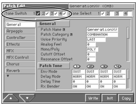 Patch Edit Tone Switch 1 2 3 4 5 GenerationXV (CMB) General Arpeggio Controller Effects MFX MFX Control Chorus Reverb General Patch Name ■ GenerationXV Patch Category ■ COMBINATION Voice Priority LAST Analog Feel 0 Mono/Poly POLY Cutoff Offset 0 Resonance Offset 0 Patch Tone Env Mode SUST SUST SUST SUST Delay Mode NORM NORM NORM NORM Delay Time 0 0 0 0 Rx Bender ON ON ON ON Write Init Copy