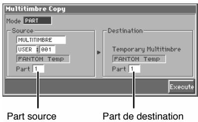 Multitimbre Copy Mode PART Source MULTITIMBRE USER : 001 FANTOM Temp Part 1 Destination Temporary Multitimbre FANTOM Temp Part 1 Execute Part source Part de destination