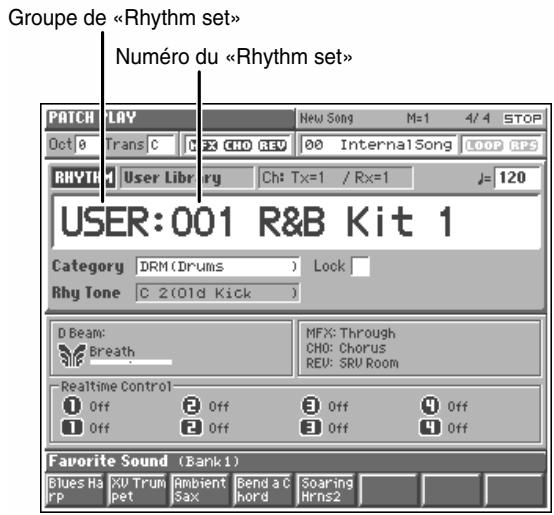 Groupe de «Rhythm set» Numéro du «Rhythm set» PATCH LAY Oct 0 Trans C 0 2 CHO REV 00 Internal Song LOOP RPS RHYTH User Library Ch: Tx=1 / Rx=1 J= 120 USER:001 R&B Kit 1 Category DRM(Drums) Lock Rhy Tone C 2(Old Kick) D Beam: Breath MFX: Through CHO: Chorus REV: SRU Room Realtime Control Off Off Off Off Off Off Off Favorite Sound (Bank1) Blues Harp XU Trum Ambient Bend a Chord Soaring Hrn2
