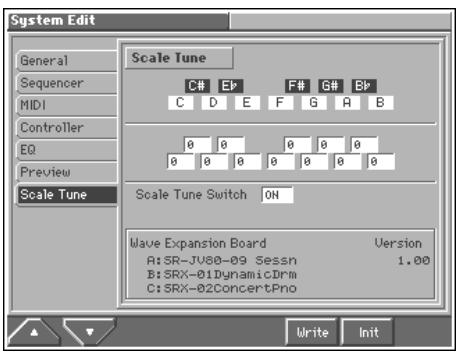 System Edit General Sequencer MIDI Controller EQ Preview Scale Tune Scale Tune C# E# F# G# B# C D E F G A B 0 0 0 0 0 0 0 0 0 0 0 0 Scale Tune Switch ON Wave Expansion Board Version A:SR-JV80-09 Sessn 1.00 B:SRX-01DynamicDrm C:SRX-02ConcertPro Write Init