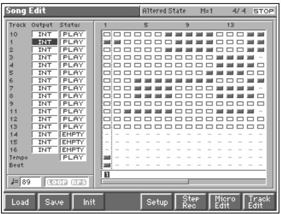 Song Edit Altered State M=1 4/4 STOP Track Output Status 1 5 9 13 10 INT PLAY 1 INT PLAY 2 INT PLAY 3 INT PLAY 4 INT PLAY 5 INT PLAY 6 INT PLAY 7 INT PLAY 8 INT PLAY 9 INT PLAY 11 INT PLAY 12 INT PLAY 13 INT PLAY 14 INT EMPTY 15 INT EMPTY 16 INT EMPTY Tempo PLAY Beat 1 J= 89 LOOP RPS Load Save Init Setup Step Rec Micro Edit Track Edit