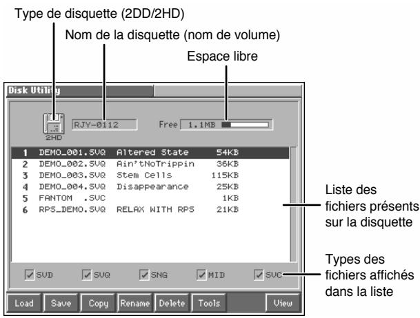 Type de disquette (2DD/2HD) Nom de la disquette (nom de volume) Espace libre Disk Utilig RJY-0112 Free 1.1MB 1 DEMO_001.SVQ Altered State 54KB 2 DEMO_002.SVQ Ain'tNoTrippin 36KB 3 DEMO_003.SVQ Stem Cells 115KB 4 DEMO_004.SVQ Disappearance 25KB 5 FANTOM .SVC 1KB 6 RPS_DEMO.SVQ RELAX WITH RPS 21KB Liste des fichiers présents sur la disquette Types des fichiers affichés dans la liste SVD SUV SNG MID SVC Load Save Copy Rename Delete Tools View