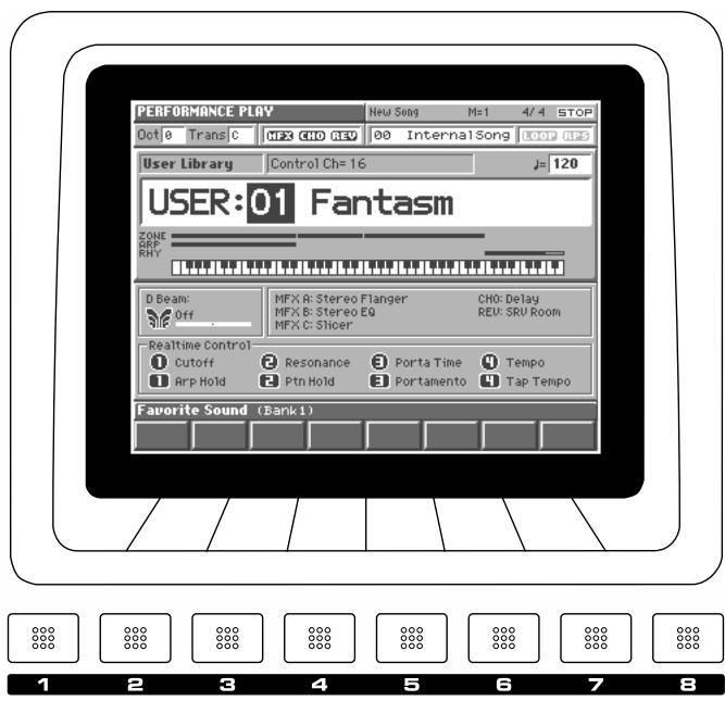 PERFORMANCE PLAY Oct 0 Trans C New Song M=1 4/4 STOP MFX CHO REV 00 Internal Song LOOP 625 User Library Control Ch= 16 J= 120 USER:01 Fantasm ZONE RRF RHY D Beam: Off MFX A: Stereo Flanger CHO: Delay MFX B: Stereo EQ REU: SRU Room MFX C: Slicer Realtime Control Cutoff Resonance Porta Time Tempo Arp Hold Ptn Hold Portamento Tap Tempo Favorite Sound (Bank 1) 1 2 3 4 5 6 7 8