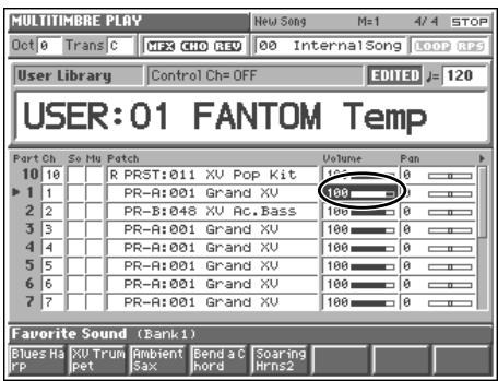 MULTITIMBRE PLAY New Song M=1 4/4 STOP Oct 0 Trans C NFE CHO RED 00 InternalSong LOOP RPS User Library Control Ch= OFF EDITED J= 120 USER:01 FANTOM Temp Port Ch So My Patch Volume Fan 10 10 R PRST:011 XV Pop Kit 100 0 1 1 PR-A:001 Grand XV 100 0 2 2 PR-A:048 XV Ac.Bass 100 0 3 3 PR-A:001 Grand XV 100 0 4 4 PR-A:001 Grand XV 100 0 5 5 PR-A:001 Grand XV 100 0 6 6 PR-A:001 Grand XV 100 0 7 7 PR-A:001 Grand XV 100 0 Favorite Sound (Bank1) Blues Ra XV Trun Ambient Bend a C Soaring rp pet Sax chord Hrns2