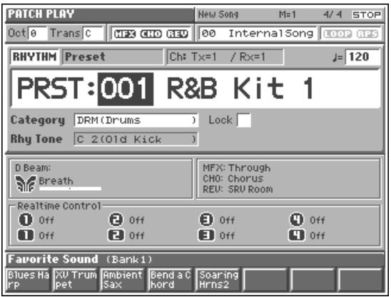 PATCH PLAY Oct 0 Trans C MFX CHO REV 00 InternalSong LOOP EPS RHYTHM Preset Ch: Tx=1 / Rx=1 J= 120 PRST:001 R&B Kit 1 Category DRM(Drums) Lock Rhy Tone C 2(Old Kick) D Beam: Breath Realtime Control Off Off Off Off Off Off Off Favorite Sound (Bank 1) Blues Harp XU Trump Ambient Bend a Chord Soaring Hrs2