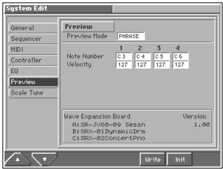 System Edit General Sequencer MIDI Controller EQ Preview Scale Tune Preview Mode PHRASE Note Number C3 C4 C5 C6 Velocity 127 127 127 127 Wave Expansion Board Version A:SR-JU80-09 Sessn 1.00 B:SRX-01DynamicDrm C:SRX-02ConcertPno Write Init
