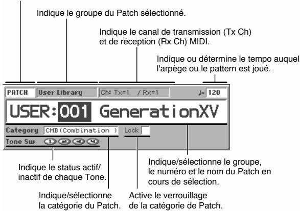 Indique le groupe du Patch sélectionné. Indique le canal de transmission (Tx Ch) et de réception (Rx Ch) MIDI. Indique ou détermine le tempo auquel l'arpège ou le pattern est joué. PATCH User Library Ch: Tx=1 / Rx=1 J= 120 USER:001 GenerationXV Category CMB (Combination ) Lock Tone Sw 1 2 3 4 Indique le status actif/ inactif de chaque Tone. Indique/sélectionne le groupe, le numéro et le nom du Patch en cours de sélection. Indique/sélectionne la catégorie du Patch. Active le verrouillage de la catégorie de Patch.