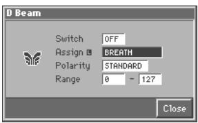 D Beam Switch 0FF Assign B BREATH Polarity STANDARD Range 0 - 127 Close