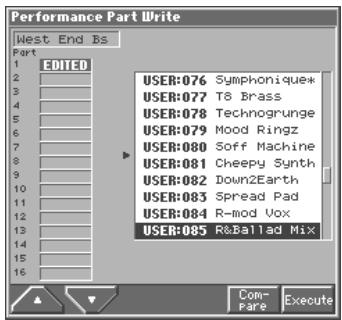 Performance Part Write West End Bs Part 1 2 3 4 5 6 7 8 9 10 11 12 13 14 15 16 EDITED USER:076 Symphonique* USER:077 T8 Brass USER:078 Technogrunge USER:079 Mood Ringz USER:080 Soff Machine USER:081 Cheepy Synth USER:082 Down2Earth USER:083 Spread Pad USER:084 R-mod Vox USER:085 R&Ballad Mix Com- Pare Execute