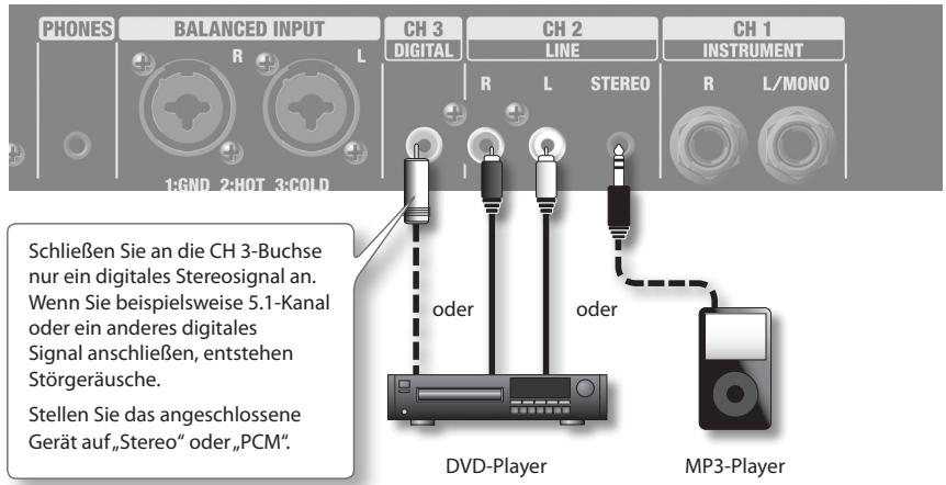 PHONES BALANCED INPUT CH 3 CH 2 CH 1 R L DIGITAL LINE R L STEREO R L/MONO 1:6ND 2:HOT 3:6OLD Schließen Sie an die CH 3-Buchse nur ein digitales Stereosignal an. Wenn Sie beispielsweise 5.1-Kanal oder ein anderes digitales Signal anschließen, entstehen Störgeräusche. Stellen Sie das angeschlossene Gerät auf „Stereo“ oder „PCM“. oder oder DVD-Player MP3-Player