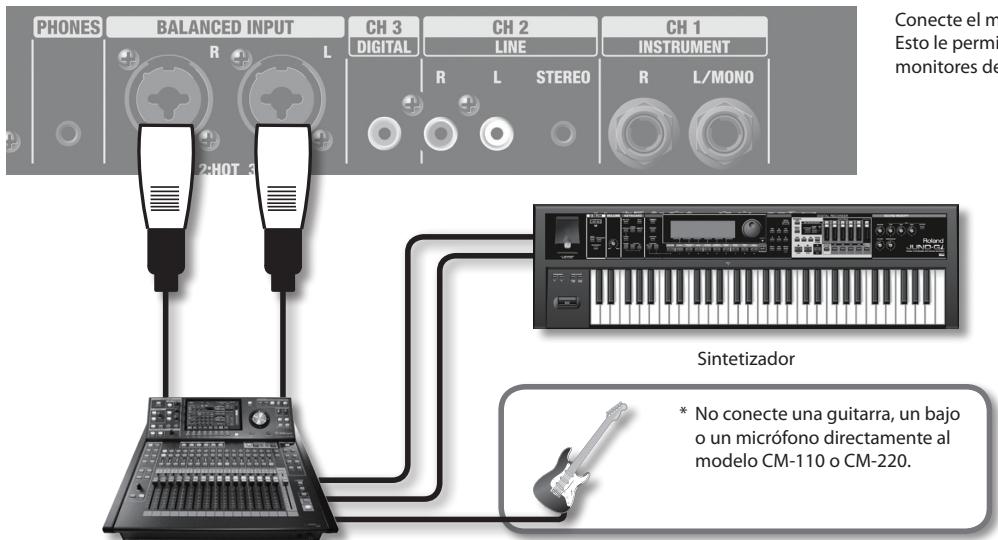 PHONES BALANCED INPUT CH 3 CH 2 CH 1 R L DIGITAL LINE INSTRUMENT R L STEREO R L/MONO 2:HOT 3 Sintetizador * No conecte una guitarra, un bajo o un micrófono directamente al modelo CM-110 o CM-220.