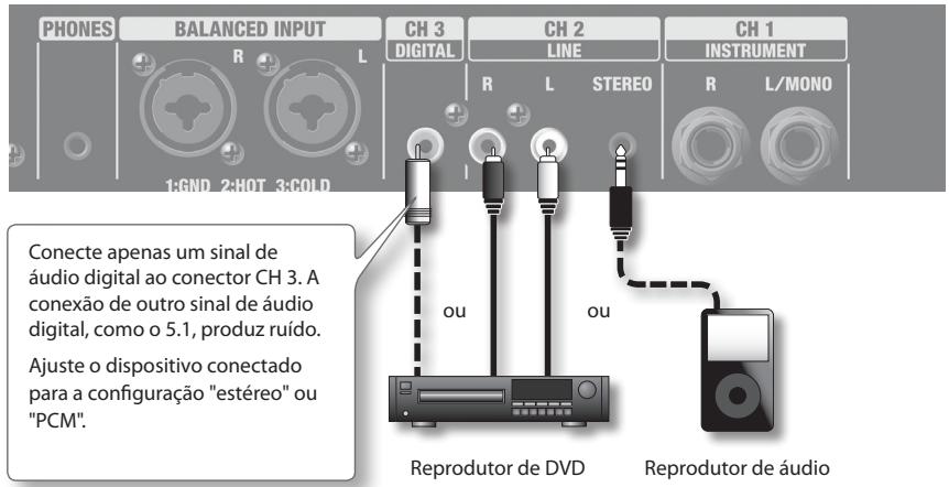 PHONES BALANCED INPUT CH 3 CH 2 CH 1 R L DIGITAL LINE INSTRUMENT 1xGND 2xHOT 3xGOLD R L STEREO R L/MONO Conecte apenas um sinal de áudio digital ao conector CH 3. A conexão de outro sinal de áudio digital, como o 5.1, produz ruído. Ajuste o dispositivo conectado para a configuração "estéreo" ou "PCM". ou ou Reprodutor de DVD Reprodutor de áudio