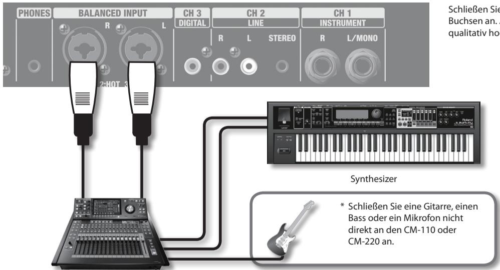 PHONES BALANCED INPUT CH 3 CH 2 CH 1 R L DIGITAL LINE INSTRUMENT R L STEREO R L/MONO 2:HOT 3 Synthesizer * Schließen Sie eine Gitarre, einen Bass oder ein Mikrofon nicht direkt an den CM-110 oder CM-220 an.