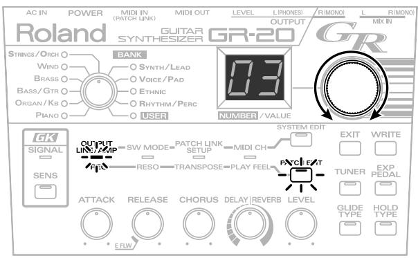 AC IN POWER MIDI IN MIDI OUT LEVEL LIPHONESI RIMONO I L RIMONO (Roland) GUITAR OUTPUT SYNTHESIZER GR-20 GR IN STRINGS/ORCH BANK WIND O SYNTH/LEAD BRASS O VOICE/PAD BASS/GTR O ETHNIC ORGAN/KB O RHYTHM/PERC PIANO O USER NUMBER/VALUE OUTPUT SYSTEM EDIT EXIT WRITE LINK/AMP SWITCH LINK SETUP MIDI CH RESO TRANSPOSE PLAY FEEL PATCH EAT TUNER EXP TENUS PEPEDAL ATTACK RELEASE CHORUS DELAY | REVERB LEVEL GLIDE HOLD EERW TYPE TYPE TYPE