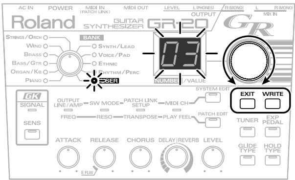 AC IN POWER MIDI IN MIDI OUT LEVEL LIPHONES RIMONO L RIMONO Roland GUITAR GR120 MIX IN SYNTHESIZER GR120 STRINGS/ORCH BANK WIND O SYNTH/LEAD BRASS O VOICE/PAD BASS/GTR O ETHNIC ORGAN/KB I RHYTHM/PERC PIANO OSER NUMBER / VALUE SYSTEM EDIT EXIT WRITE SIGNAL OUTPUT LINE/AMP SWITCH LINK MIDI CH FREQ RESO TRANSPOSE PLAY FEEL PATCH EDIT TUNER EXP PEDAL SENS ATTACK RELEASE CHORUS DELAY REVERB LEVEL ERW GLIDE HOLD TYPE TYPE TYPE