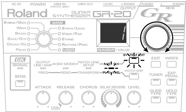 AC IN POWER MIDI IN MIDI OUT LEVEL L(PHONE) R(MONO) L R(MONO) Roland GLUITAR GR-20 SYNTHESIZER GR-20 MIX IN STRINGS/ORCH BANK WIND O SYNTH/LEAD BRASS O VOICE/PAD BASS/GTR O ETHNIC ORGAN/KB O RHYTHM/PERC PIANO O USER NUMBER / VALUE SYNTHESIZER OUTPUT LINE/AMP SWITCH LINK SETUP FREQ RESO TRANPOSE PLAY NEL PACK RELEASE CHORUS DELAY REVERB LEVEL ERRW UNIT OUTPUT EXIT WRITE TUNER EXP EXP PEDAL GLIDE HOLD TYPE TYPE SIGNAL SENS