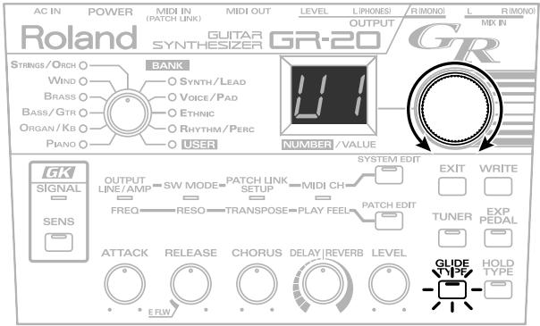 AC IN POWER MIDI IN MIDI OUT LEVEL L(PHONES) R(MONO) L R(MONO) Roland GLITAR SYNTHESIZER GR-20 GR MIX IN STRINGS/ORCH BANK WIND ○ SYNTH/LEAD BRASS ○ VOICE/PAD BASS/GTR ○ ETHNIC ORGAN/KB ○ RHYTHM/PERC PIANO ○ USER NUMBER/VALUE SYSTEM EDIT EXIT WRITE OUTPUT LINE/AMP SWITCH LINK MIDI CH FREQ RESO TRANSPOSE PLAY FEEL PATCH EDIT TUNER EXP EXPEDAL ATTACK RELEASE CHORUS DELAY REVERB LEVEL GLIDE HOLD E RW TYPE TYPE SENS