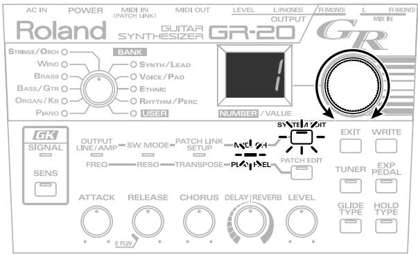 AC IN POWER MIDI IN MIDI OUT LEVEL L(PHONES) R(MONO) L R(MONO) (Roland GUITAR GR-20) MIX IN SYNTHESIZER GR-20 STRINGS/ORCH BANK WIND O SYNTH/LEAD BRASS O VOICE/PAD BASS/GTR O ETHNIC ORGAN/KB O RHYRTH/PERC PIANO O USER NUMBER / VALUE SYNTHESIZER GR GK OUTPUT OUTPUT LINE/AMP SW MODE PATCH LINK SETUP FREQ RESO TRANPOSE PLAY LABEL PATCH EDIT EFFECT RELEASE CHORUS DELAY REVERB LEVEL ERR EXIT WRITE TUNER EXP EXP PEDAL GLIDE HOLD TYPE TYPE SENS
