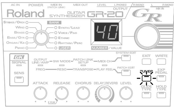 AC IN POWER MIDI IN MIDI OUT LEVEL LIPONESI R/MONO I L R/MONO (Roland SYNTHESIZER GR-20) OUTPUT GR STRINGS/ORCH BANK WIND O SYNTH/LEAD BRASS O VOICE/PAD BASS/GTR O ETHNIC ORGAN/KB O RHYRTH/PERC PIANO O USER NUMBER / VALUE GK SIGNAL SENS OUTPUT LINE/AMP → SW MODE → PATCH LINK → MIDI CH → SYSTEM EDIT FREQ → RESO → TRANSPOSE → PLAY FEEL → PATCH EDIT ATTACK RELEASE CHORUS DELAY REVERB LEVEL EFLW EXIT WRITE EXP PEDAL GUIDE HOLD TYPE