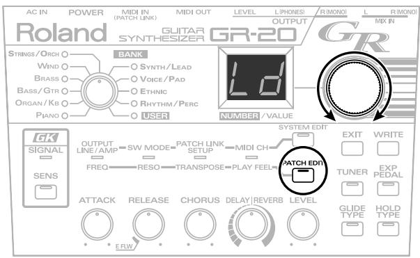 AC IN POWER MIDI IN MIDI OUT LEVEL L(PHONES) R(IMONO) L R(IMONO) Roland GUITAR OUTPUT SYNTHESIZER GR-20 GR MIX IN STRINGS/ORCH BANK WIND ○ SYNTH/LEAD BRASS ○ VOICE/PAD BASS/GTR ○ ETHNIC ORGAN/KB ○ RHYRTHM/PERC PIANO ○ USER NUMBER / VALUE GK SIGNAL SENS OUTPUT LINE/AMP → SW MODE → PATCH LINK SETUP → MIDI CH → FREQ → RESO → TRANSPOSE → PLAY FEEL → PACK RELEASE CHORUS DELAY | REVERB LEVEL ERW SYSTEM EDIT EXIT WRITE TUNER EXP PEDAL GLIDE HOLD TYPE TYPE