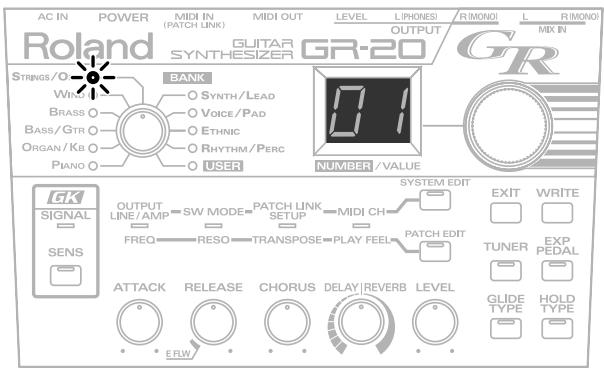 AC IN POWER MIDI IN MIDI OUT LEVEL LIPHONES RIMONO L RIMONO Roland GUITAR OUTPUT KRIN SYNTHESIZER GR-20 GR STRINGS/O BANK WRK SYNTH/LEAD BRASS VOICE/PAD BASS/GTR ETHNIC ORGAN/KB RHYTHM/PERC Piano USER NUMBER/VALUE GK SIGNAL OUTPUT SYSTEM EDIT EXIT WRITE LINE/AMP SWITCH LINK MIDI CH FREQ RESO TRANSPOSE PLAY FEEL PATCH EDIT TUNER EXP PEDAL ATTACK RELEASE CHORUS DELAY REVERB LEVEL GLIDE HOLD TYPE TYPE TYPE SENS ERW
