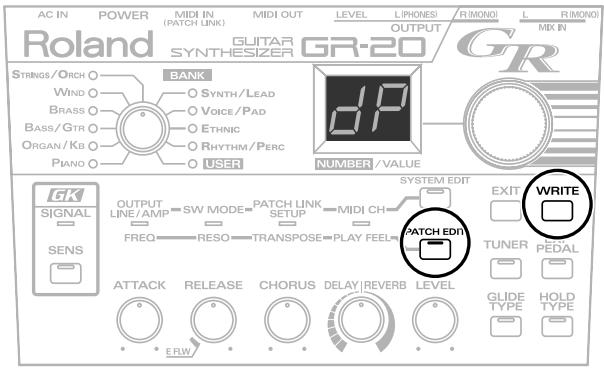 AC IN POWER MIDI IN MIDI OUT LEVEL LIP(HONES) R(MONO) L R(MONO) Roland GLUITAR GR-20 OUTPUT SYNTHESIZER GR-20 STRINGS/ORCH BANK WIND SYNTH/LEAD BRASS VOICE/PAD BASS/GTR ETHNIC ORGAN/KB RHYTHM/PERC PIANO USER NUMBER/VALUE SYNTHESIZER GR-20 OUTPUT LINE/AMP SWITCH LINK MIDI CH FREQ RESO TRANSPOSE PLAY FEEL PACK RELEASE CHORUS DELAY | REVERB LEVEL ERRW UNITED SYSTEM EDIT EXIT WRITE TUNER PEDAL GLIDE HOLD TYPE