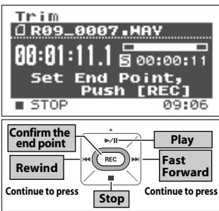 Trim R09_0007.HAV 00:01:11.1 5 00:00:11 Set End Point, Push [REC] ■ STOP 09:06 Confirm the end point Rewind Continue to press REC Play Fast Forward Stop Continue to press