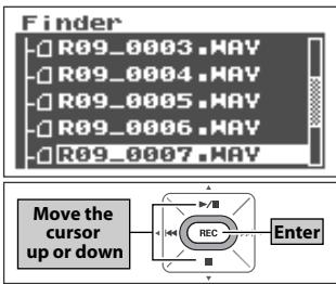 Finder R09_0003.HAV R09_0004.HAV R09_0005.HAV R09_0006.HAV R09_0007.HAV Move the cursor up or down REC Enter