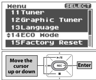 Menu SELECT 11 Tuner 12Graphic Tuner 13Language 14ECO Mode 15Factory Reset Move the cursor up or down REC Enter