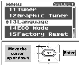 Menu 11 Tuner 12 Graphic Tuner 13 Language 14 ECO Mode 15 Factory Reset SELECT Move the cursor up or down A //II REC Enter