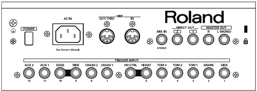 AC IN MIDI OUT/THRU IN See Owner's Manual MIX IN DIRECT OUT MASTER OUT STEREO R L (MONO) R TRIGGER INPUT AUX 2 12 AUX 1 11 EDGE 10 RIDE 9 CRASH 2 8 CRASH 1 7 HH CTRL 6 HH-HAT 5 TOM 3 4 TOM 2 3 TOM 1 2 SNARE 1 KICK