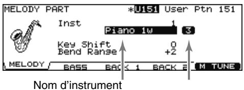 MELODY PART *U151 User Ptn 151 Inst Piano 1w 3 Key Shift 0 Bend Range +2 MELODY BASB BACK 1 BACK F M TUNE Nom d'instrument