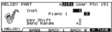 MELODY PART *U151 User Ptn 151 Inst Piano 1 1 3 Key Shift 0 Bend Range +2 MELODY/ BASS BACK 1 BACK 2 M TUNE