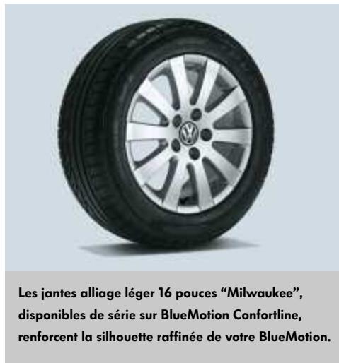 Les jantes alliage léger 16 pouces "Milwaukee", disponibles de série sur BlueMotion Confortline, renforcent la silhouette raffinée de votre BlueMotion.
