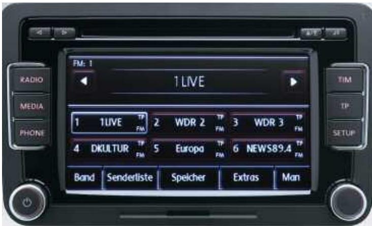 FM: 1 1 LIVE 1 LIVE 2 WDR 2 3 WDR 3 4 DKULTUR 5 Europa 6 NEWS89.4 Band Senderliste Speicher Extras Man TIM TP SETUP
