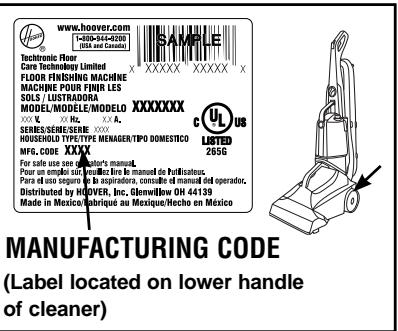 HOOVER MAXEXTRACT - MFG.CODE - 1