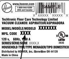 HOOVER WINDTUNNEL T - Code de fabrication - 1