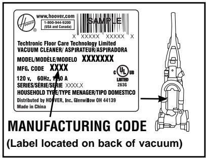 HOOVER WINDTUNNEL T - MFG.CODE - 1