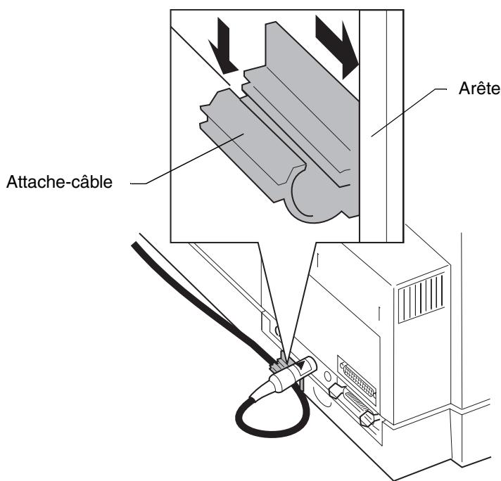 LEXMARK FORMS PRINTER 4227 - Placez l'attache-cable à l'arrière de l'imprimante, contre l'arête réservée à cet effet, la partie ouverte dirigée vers le haut. - 1