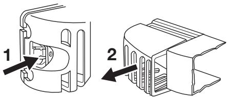 Technical diagram showing two views of a mechanical component with numbered callouts and arrows indicating parts of each view.