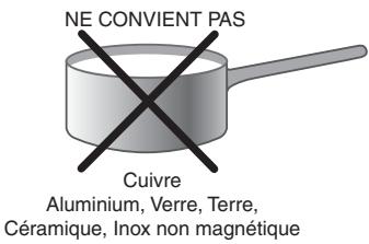 NE CONVIENT PAS Cuivre Aluminium, Verre, Terre, Céramique, Inox non magnétique