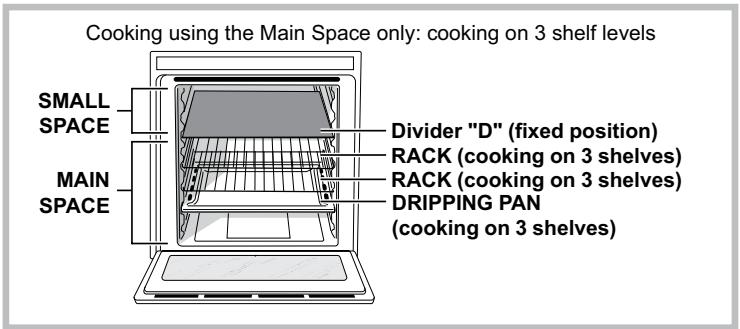 Cooking using the Main Space only: cooking on 3 shelf levels SMALL SPACE MAIN SPACE Divider "D" (fixed position) RACK (cooking on 3 shelves) RACK (cooking on 3 shelves) DRIPPING PAN (cooking on 3 shelves)