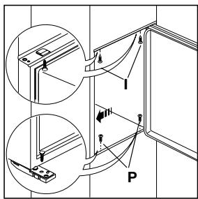 Technical diagram showing two mechanical assembly steps with labeled components I and P, including directional arrows and component callouts.