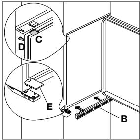 Technical diagram showing labeled mechanical components with annotations A, B, C, D, and E