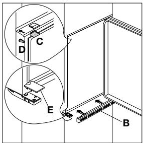 Technical diagram showing labeled mechanical components (A, B, C, D, E) with magnified views of detail